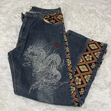 카라쿠리타마시 류 자수 블루 데님 팬츠 일본풍 패턴 34 사이즈
