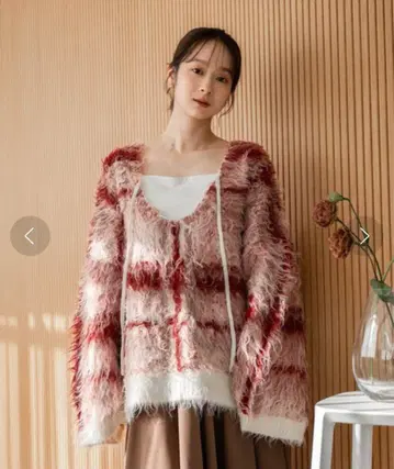 [ mideal ] 체크 샤기 니트 풀오버