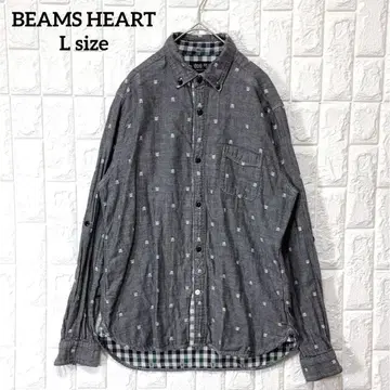 BEAMS HEART 체크 x 자수 긴팔 셔츠 L 그레이 x 그린 계열