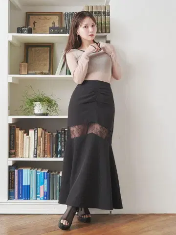 [ EATME ] 레이스 콤비 머메이드 스커트 블랙 S