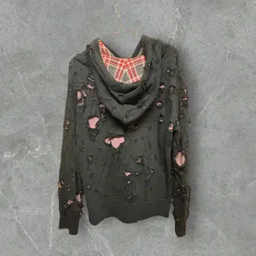 데미지 가공 풀 집업 후드티 체크 더블 지퍼 펑크 그런지