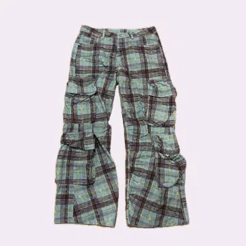 y2k rhyme green tartan check wide pants
