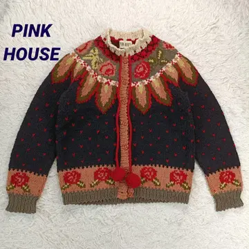 핑크하우스 빨간 장미 뜨개질 요크 가디건 모자 꽁지 니트