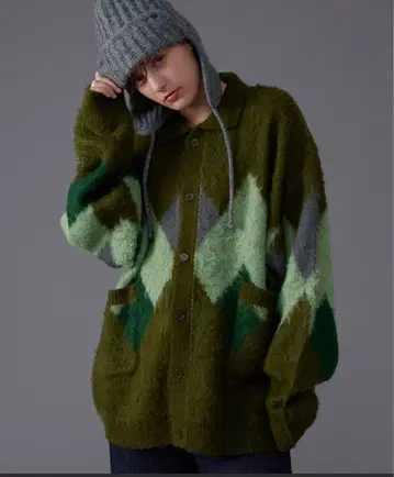 ONCILY 아가일 샤기 니트 가디건