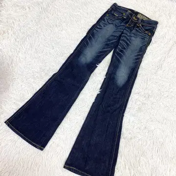 썸씽 부츠컷 데님 청바지 플레어 레오파드 무늬 에드윈 블루