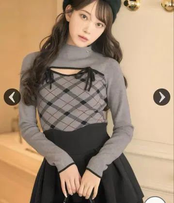 미셸 마카롱 데콜테 오픈 체크 니트탑