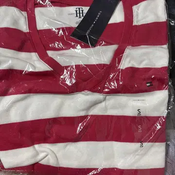 TOMMY HILFIGER 빨흰 스트라이프 V넥 T셔츠 S