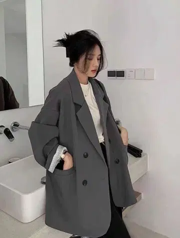 오버 사이즈 더블 브레스트 자켓 그레이