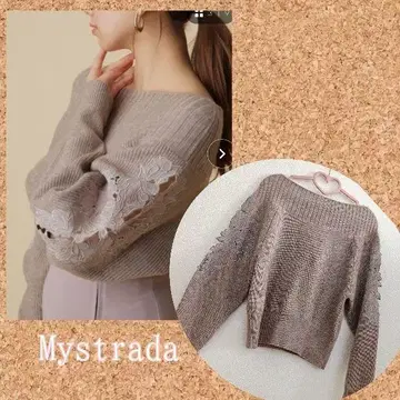 Mystrada 베이지 레이스 오프숄더 스웨터 성숙/러블리 고급