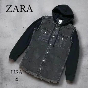 [ ZARA ] 후드 부착 데님 도킹 셔츠 S 데미지
