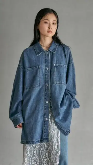 LEPSIM 프린지 패치 BIG 데님 셔츠