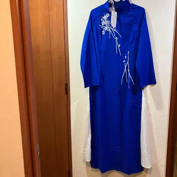 아오자이 꽃무늬 자수 롱 원피스 2XL 파랑