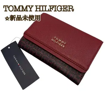 [ 새상품 ] 타미힐피거 3단 폴더형 지갑 와인 레드 메탈 로고