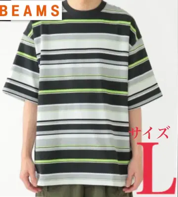 BEAMS 멀티 보더 T 사이즈 L 블랙 x 그린