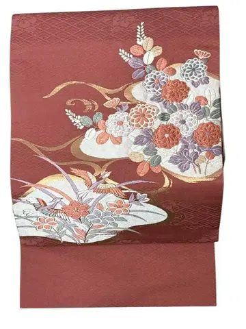 S58 새상품급 나고야 오비 당초 무늬 꽃풀 국화 새 기모노 순수 실크