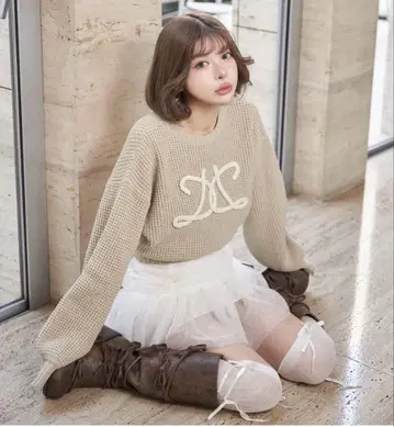 택 포함 새상품 다리치 로고 와플 니트탑 베이지