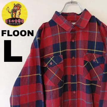 USA 구제 의류 FLOON 플란넬 셔츠 L 오렌지 다크 네이비 체크