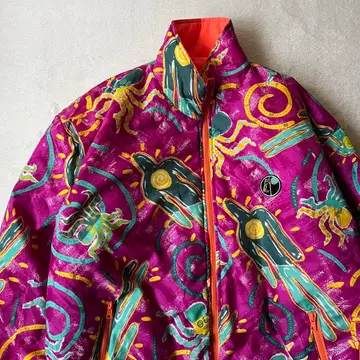 DUDE 기하학 패턴 패딩 자켓 보라색 퍼플 리버서블 오렌지