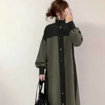 바이컬러 보틀넥 원피스 롱 기장 성숙 캐주얼 블랙 카키