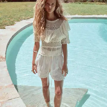 레이스 편직 화이트 반팔 상의