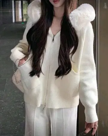 SHEIN 화이트 퍼 집업 후드티 애프리콧 L