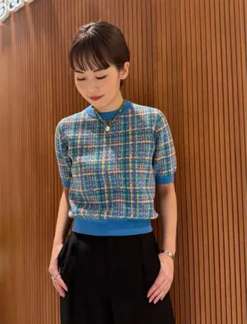 CABaN 코튼 캐시미어 체크 자카드 하프 슬리브 풀오버