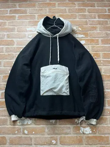 FILA 휠라 플리스 자켓 후드티 자수 센터 로고 블랙 y2k