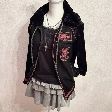 y2k 헤이세이 갸루 그런지 로고 벨로아 더블 지퍼 후드티