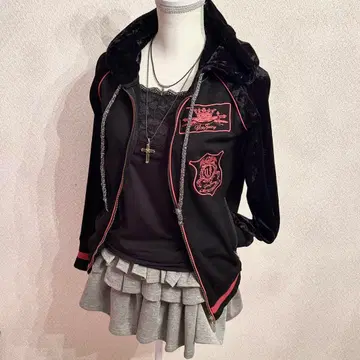 y2k 헤이세이 갸루 그런지 로고 벨로아 더블 지퍼 후드티