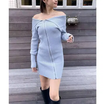 SPIRALGIRL 빅 칼라 풀 집업 타이트 리브 원피스 블루