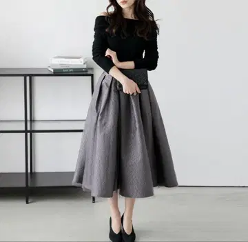 그레이 플레어 스커트 허리밴딩