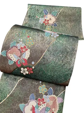 A13 새상품급 후쿠로 오비 당초 나비꽃 그린 금도금 일품