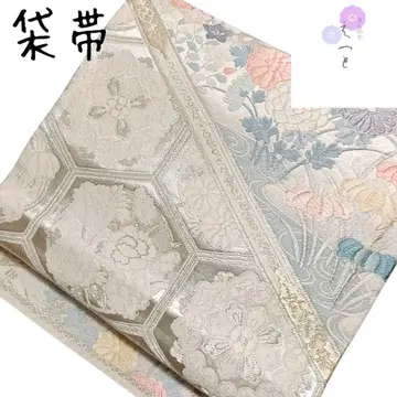 후쿠로 오비 은색 꽃무늬 자수풍