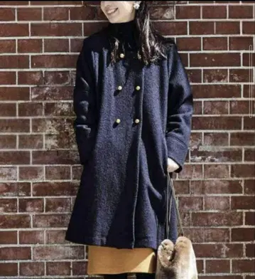 써니클라우드 융모 울 더블 코트 네이비 MT 노카라 골드 버튼 롱 기장