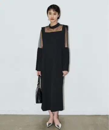 시어 절개 플리츠 슬리브 원피스 AIC.