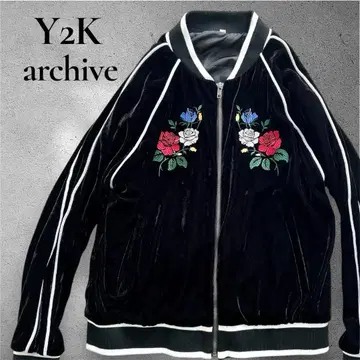 Y2K archive 벨로아 자수 블루종 스카잔풍 트랙 자켓