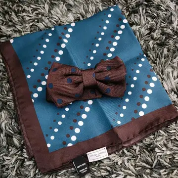 파랑과 브라운 도트 무늬 나비 넥타이와 손수건 세트