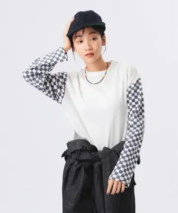 BEAMS BOY 체커 프린트 롱 슬리브 T셔츠