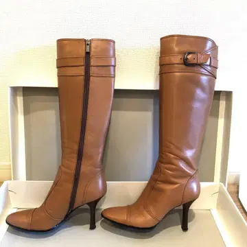 DIANA 롱 부츠 카멜 일본제 천연 가죽 버클 슬림 레그 24cm