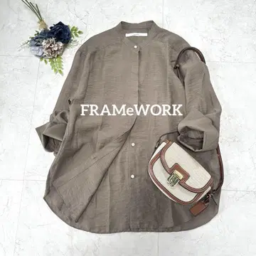 새상품급 FRAMeWORK 실크 혼방 밴드 카라 셔츠 블라우스 롱 커프스