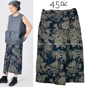 45R 린넨 로터스 프린트 랩 스커트 인디고 3 랩 스커트 린넨