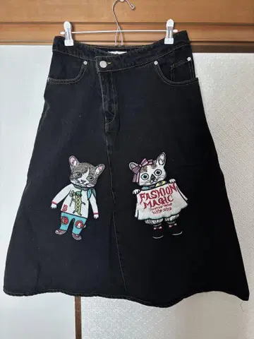 고양이 자수 블랙 롱 스커트 데님 스커트 리메이크 리본 자수