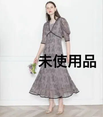 Leja 배색 파이핑 전체 레이스 꽃무늬 퍼프 슬리브 원피스 프리