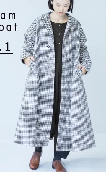 A라인 롱 코트 내추럴 계열 퀼팅 아우터 깅엄 체크
