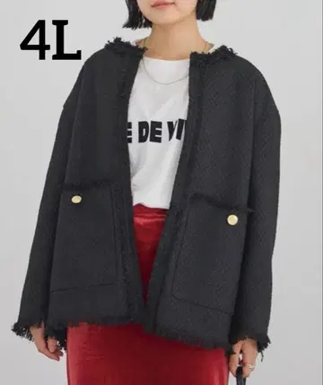 [레어 4L] 트위드 노카라 자켓 블랙 빅 사이즈 프린지