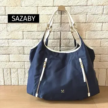 SAZABY 나일론 x 천연 가죽 토트백 'LNN-07' 네이비