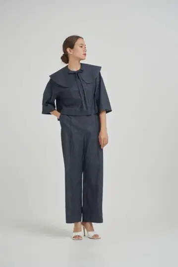 yori 요리 데님풍 빅 칼라 블라우스