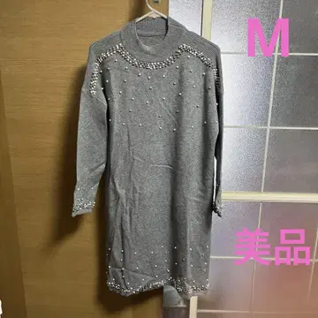 여성용 비쥬 장식 오샤레 무릎 기장 긴팔 원피스 M