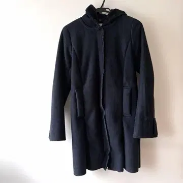 네이비 후드 부착 롱 코트 무스탕 코트
