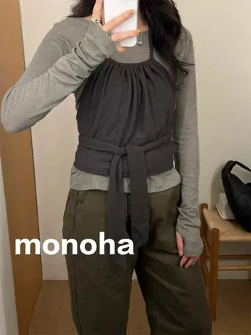 Monoha 그레이 긴팔 라운드넥 티셔츠